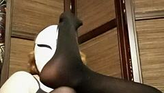 a woman in pantyhose and stockings relaxes at home