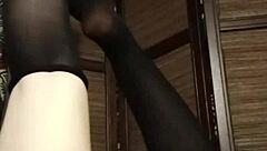 a woman in pantyhose and stockings relaxes at home