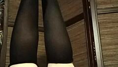 a woman in pantyhose and stockings relaxes at home