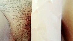 Petite Latina plays with huge dildo, cumming hard in homemade clip