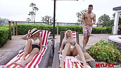 stepson can’t resist licking stepmom and teenie neighbor’s pussy at poolside. it’s a wild bikini day!