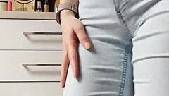 Homemade petite blonde strips in tight jeans.