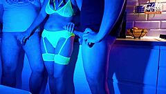 Wife feels intense thrill sucking two cocks in neon light threesome full scene