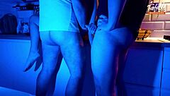Wife feels intense thrill sucking two cocks in neon light threesome full scene