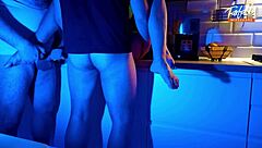 Wife feels intense thrill sucking two cocks in neon light threesome full scene