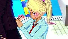 Hentai girl gives handjob in swimming pool