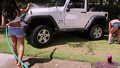 Shy Love and Jenna Foxx lick wet pussy on truck bed.