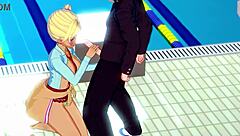 Hentai girl gives handjob in swimming pool