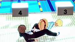 Hentai girl gives handjob in swimming pool