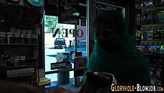 Islamic babe at gloryhole sucking cock for interracial facial finish