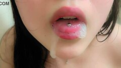 Hey, watch this pretty teen brunette lick and suck until I finish in her mouth in the bath!