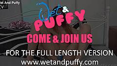 Wetandpuffy - Redhead plays with vibrator up close on blue toy.