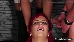 in this casual blowbang, the naughty stunner eagerly sucks and swallows every drop of cum shot on her face during the intense bukkake session