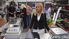 Hey, watch this naughty beauty take cash for shop sex! What a wild deal!