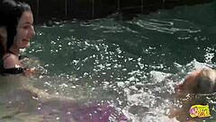 yo, incredible pool sex with pretty blonde and busty brunette! 🔥