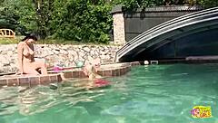 yo, incredible pool sex with pretty blonde and busty brunette! 🔥