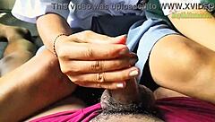 Indonesian teen rushes handjob close up before school in homemade amateur video