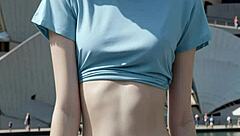 Australian model poses in lingerie at Sydney Opera House barefoot.