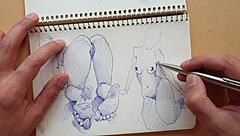 In my sketchbook, I quickly drew a doggy-style pose highlighting foot details with a Parker ballpoint pen.