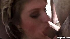 Milf babe deepthroats cock then titty fucks and rides in cowgirl.