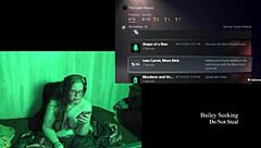 Naked playthrough at the lake house, featuring a brunette with glasses.