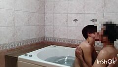 Old milf and japanese colleagues kiss deeply in bath, romantic taboo deepthroat in bed!