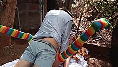 A latina friend uses a sex toy on her pussy outdoors in public.