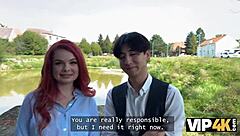 Hey, check out sexy redhead Olivia showing off her red lingerie and getting fucked in public right in front of her boyfriend!