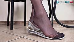 Leggy Brunette in Pantyhose Teases with Perfect Ballet Flats Shoeplay