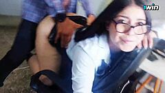 Amateur brunette in heels bends over doggystyle for fat curvy ass tattoo fucking by teacher.