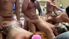 Three hot blondes bent over, giving it up in a wild group session