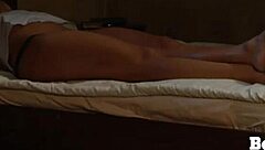 Slutty lesbian slave bound in hardcore bondage masturbates to orgasm.