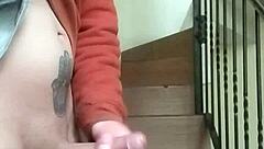 I’m jerking off on apartment stairs while neighbor chats in garage