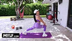 Yoga instructor Sandy Love bent over flexibly for deepthroat and cowgirl orgasm with cheating facial on her tight pussy.