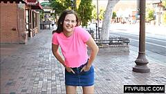 Flexible teen 18+ shows off athletic moves in public streets wearing a short skirt 😏.