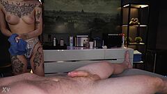 massage leads to blowjob, handjob, and cum swallow