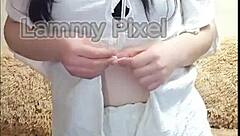 Horny brunette Lammy Pixel stripteases and shows off her gorgeous ass