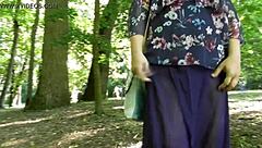 why does this hairy mature flash her chubby beaver outdoors in public?