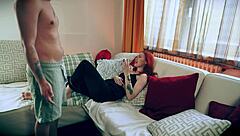 Annoyed redhead gets pussy fucked hard on couch.