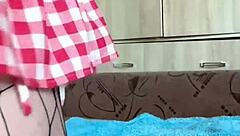 innocent skinny girl teases with big dildo through pantyhose in softcore solo fetish until beautiful amateur orgasm