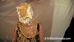 2 blondes get wet and messy and pie eachother in the face