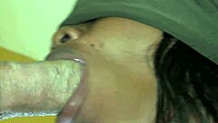 Ebony beauty extracts thick semen from big white cock with her mouth.