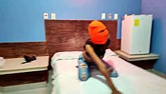 my brunette stepsister tells me she wants to celebrate halloween in a hotel bed she put on a mask and shakes her body and hips very sexy finally she getts naked for me