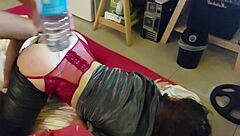 French amateur in satin lingerie enjoys clothed doggystyle with blowjob and rimjob.