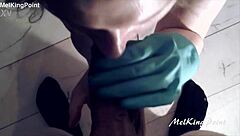 blonde milf sucking cock with plastic gloves passionately