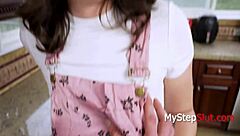 nerdy step daughter with perky tits gives pov blowjob sucking cock in taboo fantasy