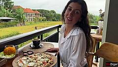 Girl boldly walks in cafe with cum covering face after outdoor blowjob swallow