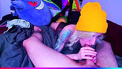 Big tits blonde gives blowjob to monster cock in bright room