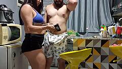 In the kitchen, a fit Latina MILF with a big clit gets anal and pussy play from her neighbor.