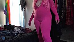 Trying on a stretchy pink bodysuit